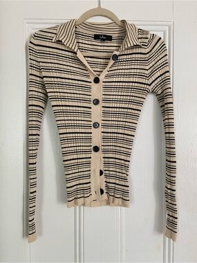 Lulus Beige & Black Striped Button-Front Collared Cardigan